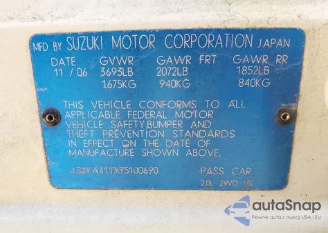 2007 Suzuki Sx4 z USA, uszkodzony, nr VIN JS2YA411X75100690